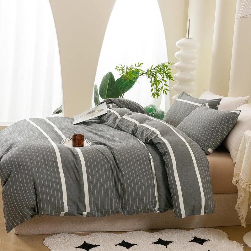 ECOCOTT 3 Pieces Duvet Cover Queen Size, 100% Washed Cotton 1 Duvet Cover with Zipper and 2 Pillowcases, Ultra Soft and Easy Care Breathable Cozy Simple Style Bedding Set(Grey Striped) - Image 5